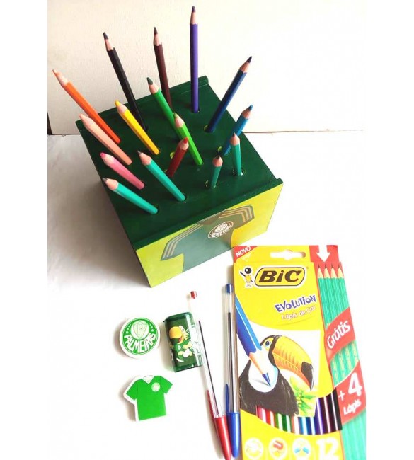 Kit porta lápis + lápis de cor  bic /4 lápis pretos + canetas + borracha + apontador do Palmeiras
